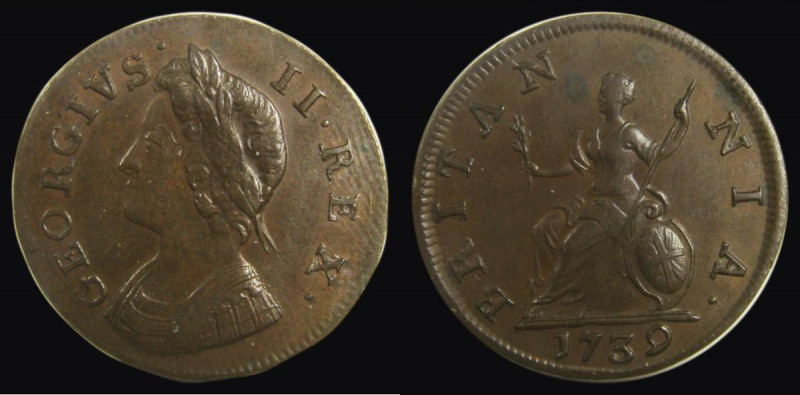 Farthing 1739 Peck 869 EF with traces of lustre, in an LCGS holder (UIN 0000004)...