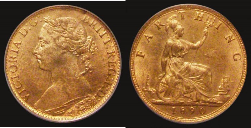 Farthing 1890 Freeman 562 dies 7+F, UNC with around 85% lustre, in an LCGS holde...