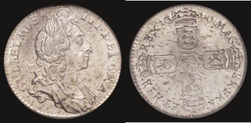 Sixpence 1696 First Bust, Early Harp, Large Crowns ESC 1533, Bull 1202 A/UNC and...