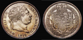 Shilling 1816 as ESC 1228, Bull 2140 with the R's in GEOR, BRITT and REX all double struck Lustrous UNC with minor cabinet friction, a most attractive...