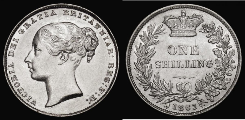 Shilling 1863 ESC 1311, Bull 3022, EF/GEF brushed, a key date rarity in the Youn...