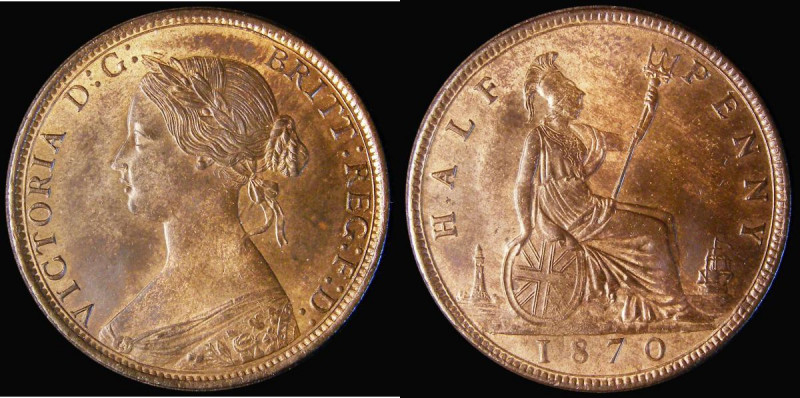 Halfpenny 1870 Freeman 307 dies 7+G, UNC with around 20% lustre and hard to find...