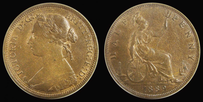 Halfpenny 1889 9 over 8 Freeman 361 dies 17+S UNC with traces of lustre, a choic...