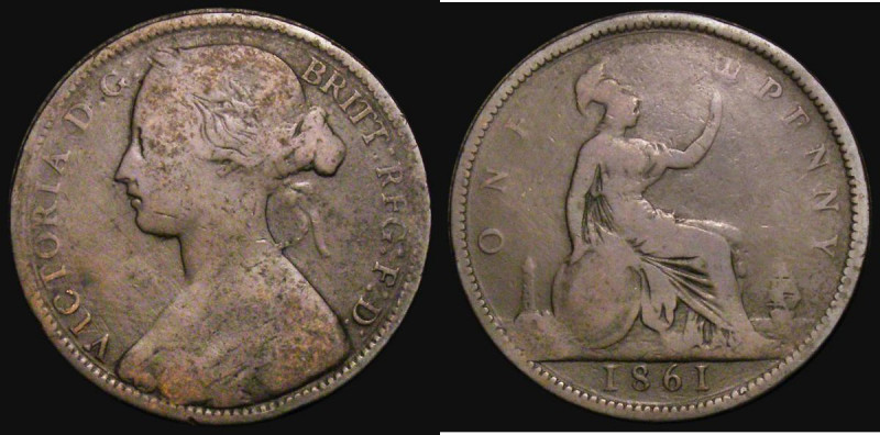 Penny 1861 F over E in ONE, Freeman dies 6+G, LCGS Variety 35, VG in an LCGS hol...