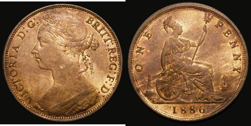 Penny 1886 Freeman 123 dies 12+N UNC with around 25% lustre, in an LCGS holder a...