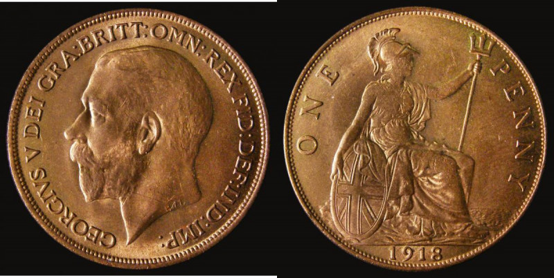 Penny 1918 Freeman 182 dies 2+B, UNC or very near so with around 50% lustre, in ...