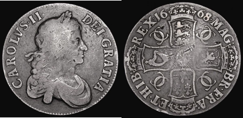 Crown 1668 8 over 7, VICESIMO edge, ESC 37, Bull 376 VG with some contact marks,...