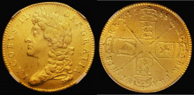 Five Guineas 1688 S.3397A in an NGC holder and graded XF45. We note that this coin now lists at &pound;70,000 in EF in the Standard catalogue, compare...