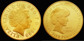 Five Pound Crown 1999 Diana Memorial S.L6 Gold Proof UNC with some deeper hairlines, with some causing a depression in the fields, uncased

Estimate...