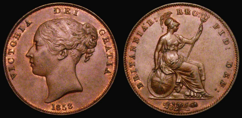 Penny 1858 No WW on truncation Peck 1518 EF/About EF with some small spots

Es...