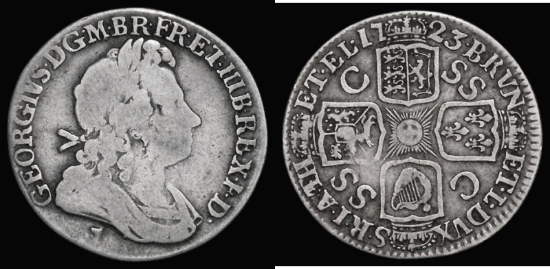 Shilling 1723SSC First Bust as ESC 1176, Bull 1586, with a figure below the bust...