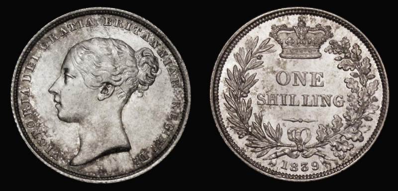 Shilling 1839 First Young Head, with WW Raised on truncation, ESC 1280, Bull 297...