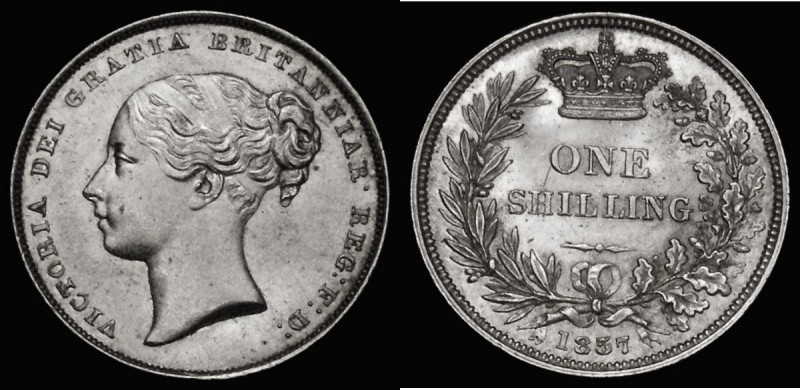 Shilling 1857 with 5 over blundered 5 in the date, the underlying 5 visible on b...