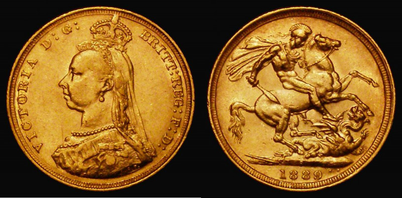 Sovereign 1889S G: of D:G: further from the crown, closer J.E.B. on truncation S...