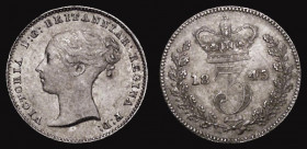 Threepence 1845 Large Date ESC 2055, Bull 3371 UNC and with original gold tone enhanced by touches of blue/green, Victorian Young Head Silver Threepen...