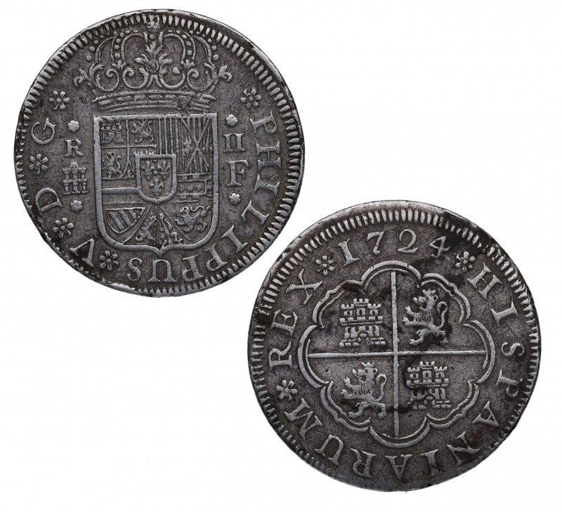 1724. Felipe V (1700-1746). Segovia. 2 Reales. F. A&C 959. Ag. 5,37 g. Acuñación...