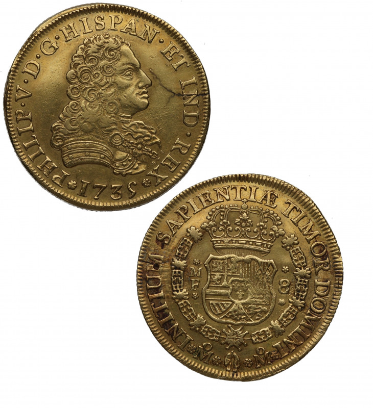 1735. Felipe V (1700-1746). México. 8 escudos. MF. Au. 26,83 g. RARA. Atractiva....