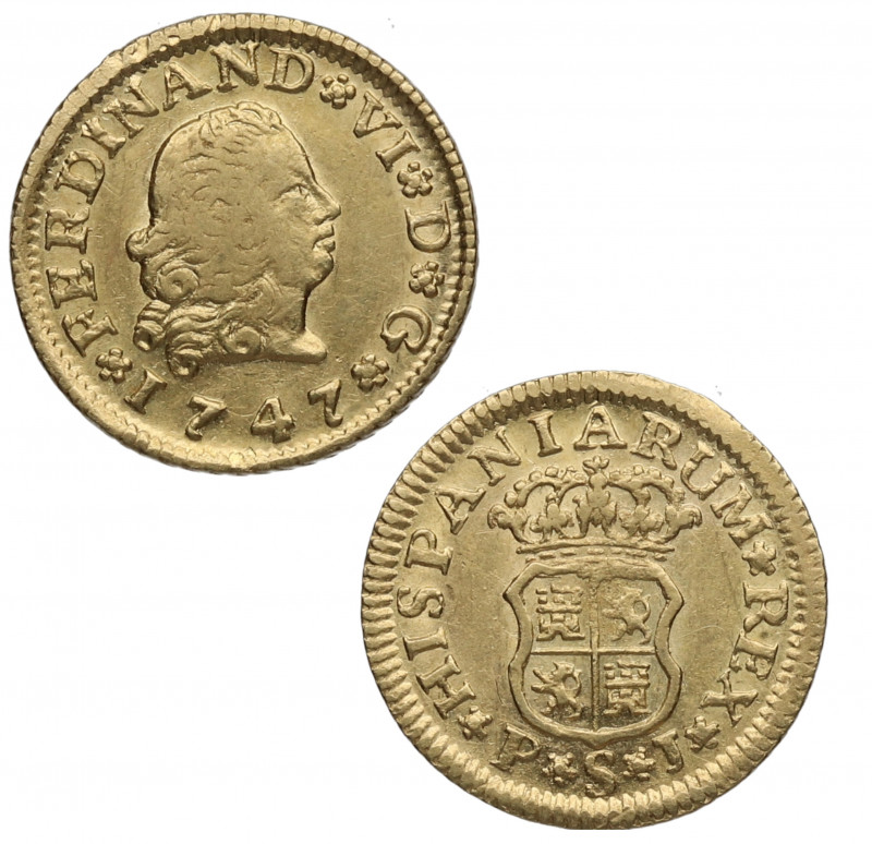 1747. Fernando VI (1746-1759). Sevilla. 1/2 escudo. PJ. A&C 569. Au. 1,77 g. Muy...