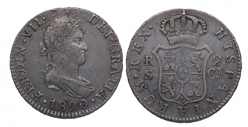 1820. Fernando VII (1808-1833). Sevilla. 2 Reales. CJ. Ag. 5,82 g. MBC+ / MBC. E...