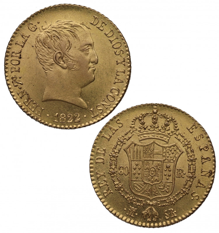 1822. Fernando VII (1808-1833). Madrid. 80 reales. SR. Au. 6,80 g. Bella. Brillo...