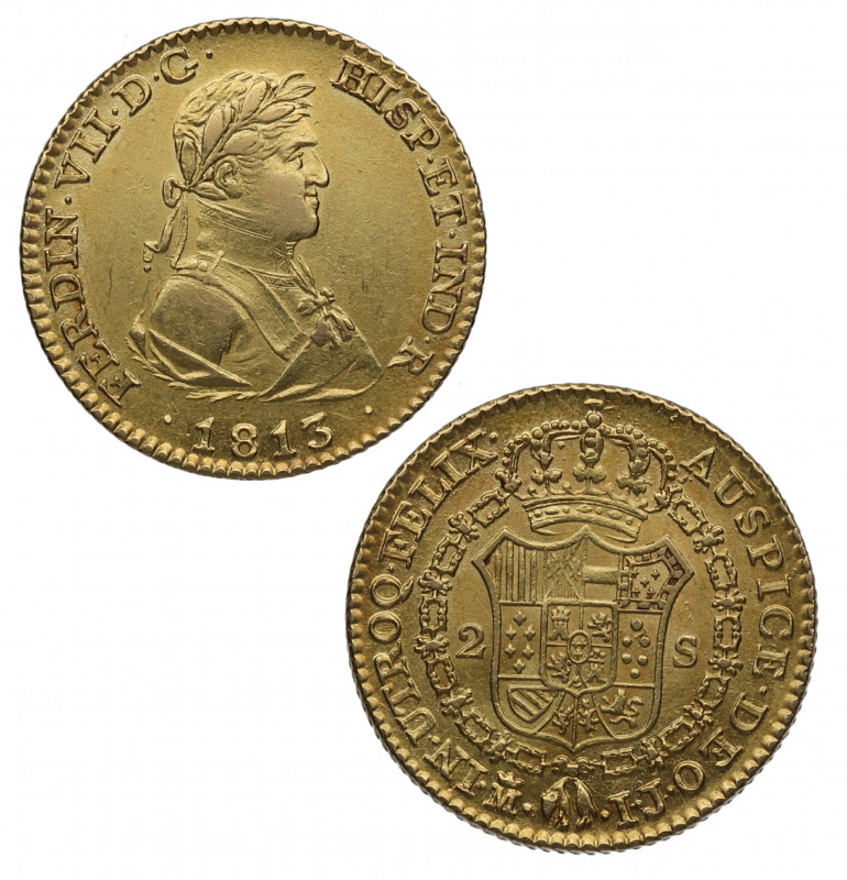 1813. Fernando VII (1808-1833). Madrid. 2 escudos. IJ. Au. 6,79 g. ESCASA. Bella...