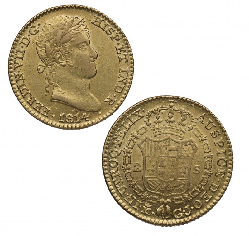 1814. Fernando VII (1808-1833). Madrid. 2 escudos. GJ. Au. 6,80 g. ESCASA. Bella...