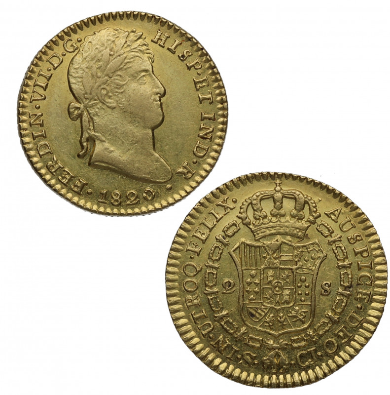 1820. Fernando VII (1808-1833). Sevilla. 2 escudos. CJ. Au. 6,80 g. Bella. Brill...