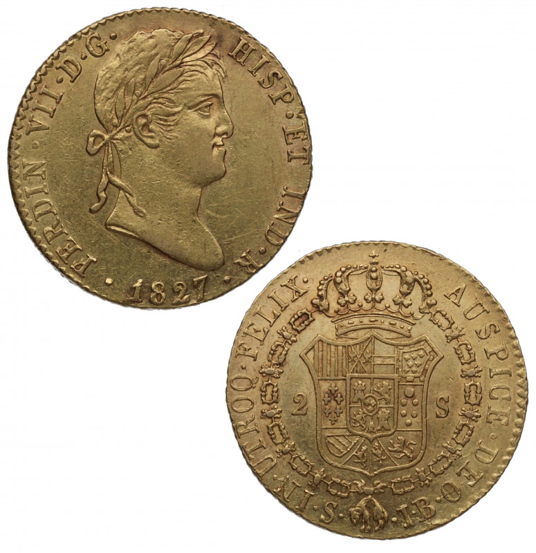 1827. Fernando VII (1808-1833). Sevilla. 2 escudos. JB. Au. 6,80 g. Bella. Brill...