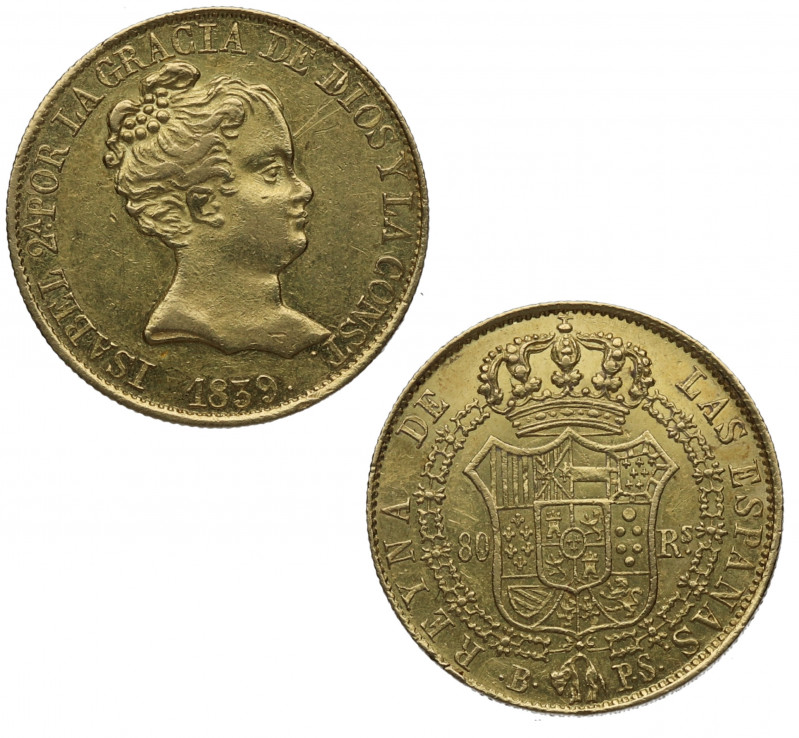 1839. Isabel II (1833-1868). Barcelona. 80 reales. PS. A&C 704. Au. 6,74 g. Bril...