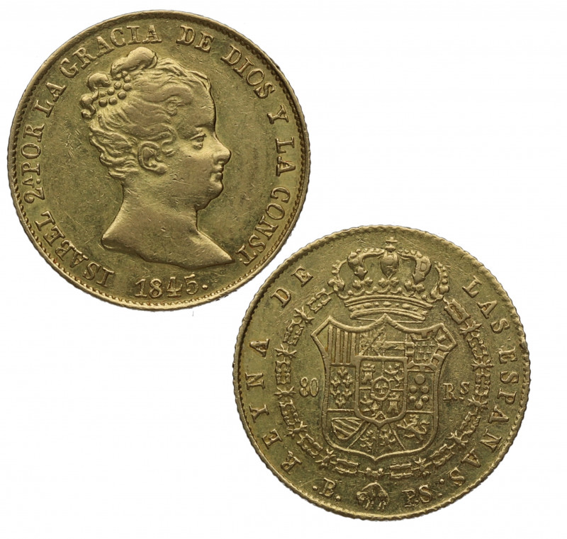 1845. Isabel II (1833-1868). Barcelona. 80 reales. PS. Au. 6,80 g. Bella. Brillo...