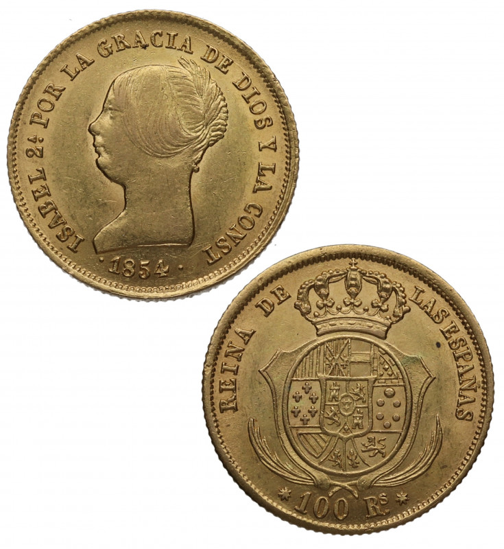 1854. Isabel II (1833-1868). Sevilla. 100 reales. Au. 8,34 g. Muy bella. Brillo ...