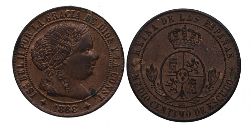 1868. Isabel II (1833-1868). Jubia. 1/2 céntimo de escudo. Cu. 1,29 g. SC-. Est....