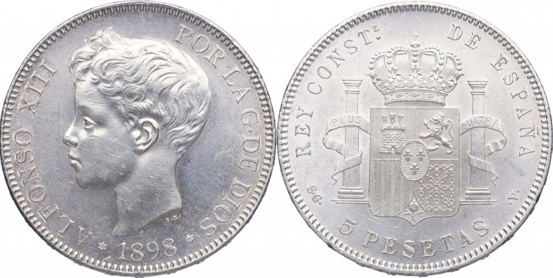 1898*98. Alfonso XIII (1886-1931). Madrid. 5 pesetas. SGV. A&C 109. Ag. 25,28 g....