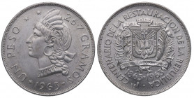 1963. República Dominicana. 1 peso. Ag. 26,80 g. 1º Centenario de la restauración de la República. EBC+ / SC-. Est.50.