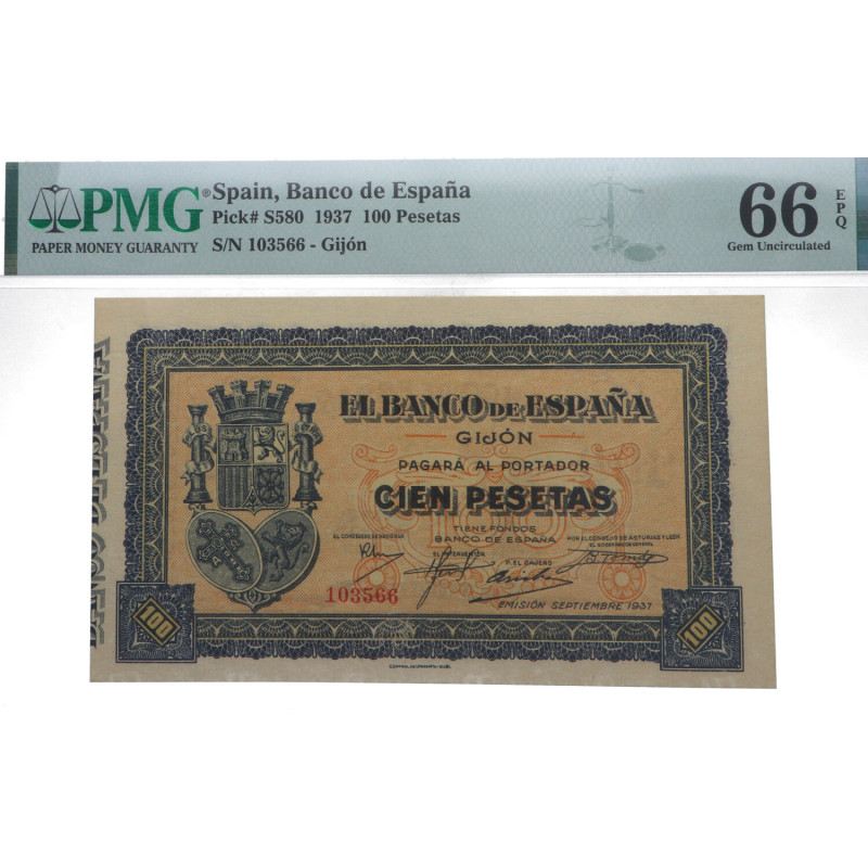 1937. II República (1931-1939). Gijón. 100 Pesetas. Pick# S580. Encapsulado por ...