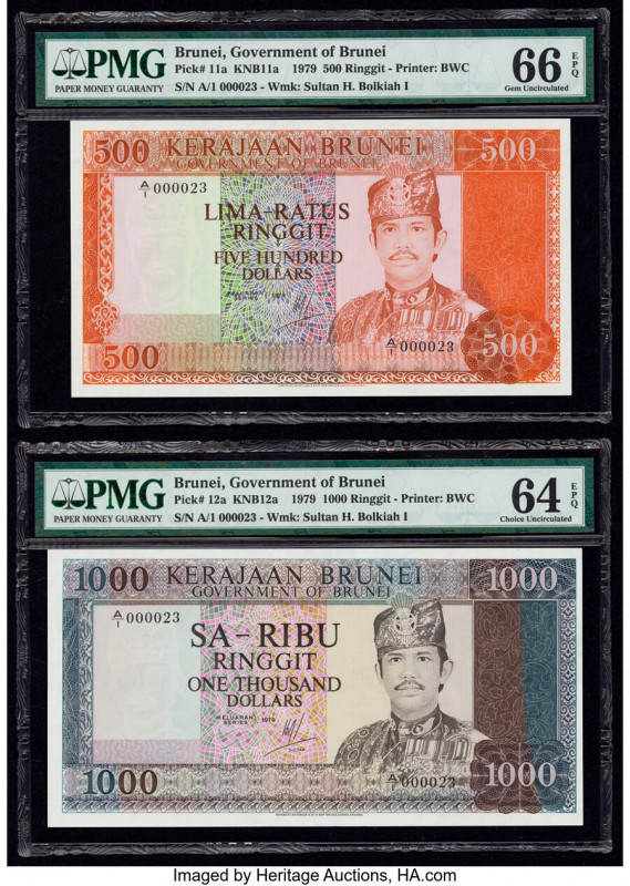 Serial Number 23 Pair Brunei Government of Brunei 500; 1000 Ringgit 1979 Pick 11...