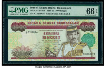 Brunei Negara Brunei Darussalam 1000 Ringgit 1989 Pick 19 KNB19 PMG Gem Uncirculated 66 EPQ. Excellent embossing, bold inks, and the exceptional paper...