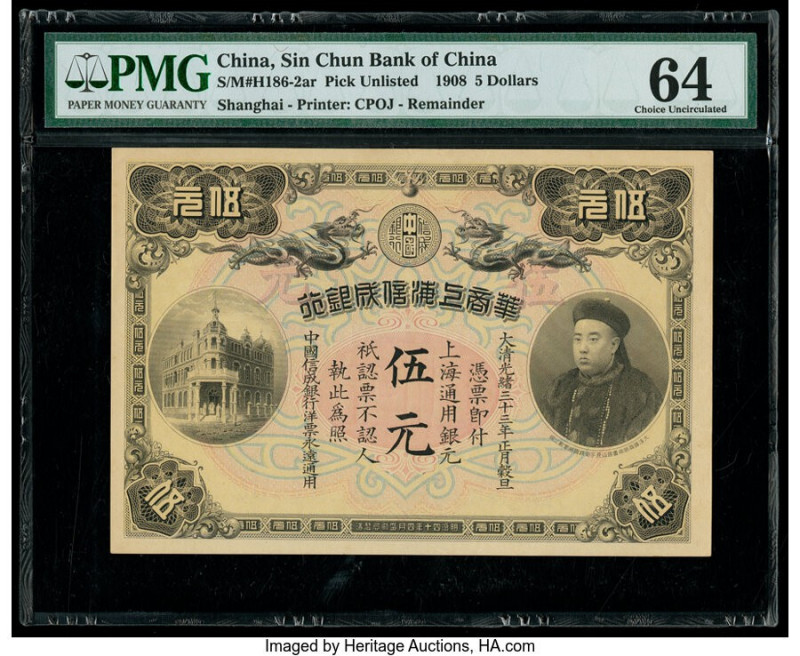 China Sin Chun Bank 5 Dollars 1908 Pick UNL S/M#H186-2ar Remainder PMG Choice Un...