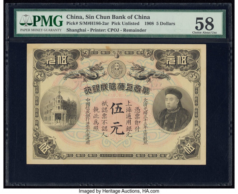 China Sin Chun Bank 5 Dollars 1908 Pick UNL S/M#H186-2ar Remainder PMG Choice Ab...
