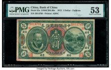 China Bank of China, Fuhkien 1 Dollar 1.6.1912 Pick 25e S/M#C294-30e PMG About Uncirculated 53. An intense portrait of the Qing Shi Emperor is feature...