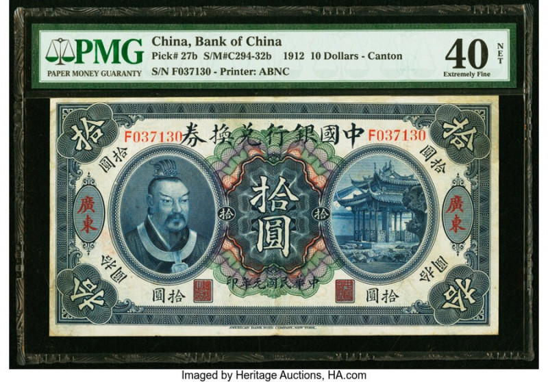 China Bank of China, Canton 10 Dollars 1.6.1912 Pick 27b S/M#C294-32b PMG Extrem...
