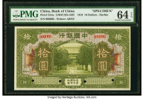China Bank of China, Harbin 10 Dollars 9.1918 Pick 53As S/M#C294-102f Specimen PMG Choice Uncirculated 64 EPQ. Featuring text in Chinese, English, and...