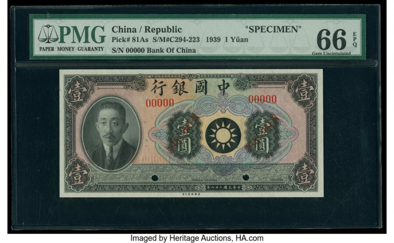 China Bank of China 1 Yuan 1939 Pick 81As S/M#C294-223 Specimen PMG Gem Uncircul...
