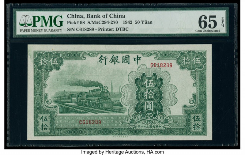 China Bank of China 50 Yuan 1942 Pick 98 S/M#C294-270 PMG Gem Uncirculated 65 EP...