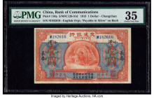 China Bank of Communications, Changchun 1 Dollar 1913 Pick 110a S/M#C126-31d PMG Choice Very Fine 35. A striking and rare note, examples are seldom se...