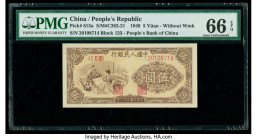 China People's Bank of China 5 Yuan 1949 Pick 813a S/M#C282-21 PMG Gem Uncirculated 66 EPQ. A popular note enhanced by a vignette of two women weaving...