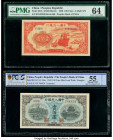 China People's Bank of China 100 Yuan 1949 Pick 831b; 832 Two Examples PMG Choice Uncirculated 64; PCGS Banknote About UNC 55 Details. A set of appeas...