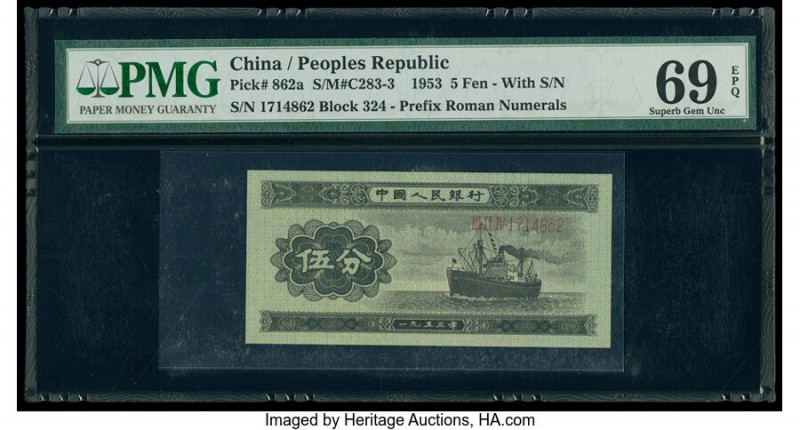 China People's Republic 5 Fen 1953 Pick 862a S/M#C283-3 PMG Superb Gem Unc 69 EP...