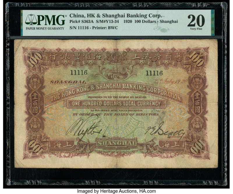 China Hongkong & Shanghai Banking Corporation, Shanghai 100 Dollars 24.7.1920 Pi...