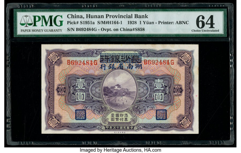 China Hunan Provincial Bank 1 Yuan 1.1.1928 Pick S1951a S/M#H164-1 PMG Choice Un...